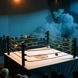 A wrestling ring symbolizing a debate on climate change.
