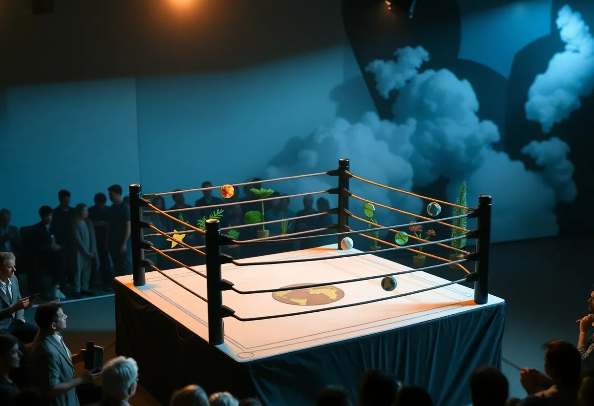 A wrestling ring symbolizing a debate on climate change.