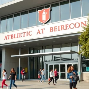 Exterior view of the UNLV Athletic Department building with sports banners
