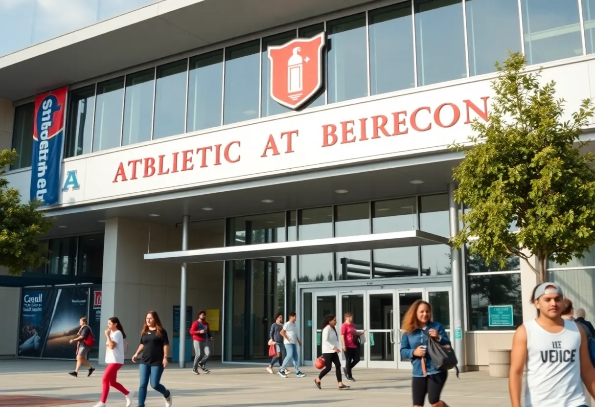 Exterior view of the UNLV Athletic Department building with sports banners