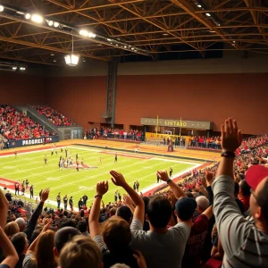 Energetic university athletic event with fans cheering