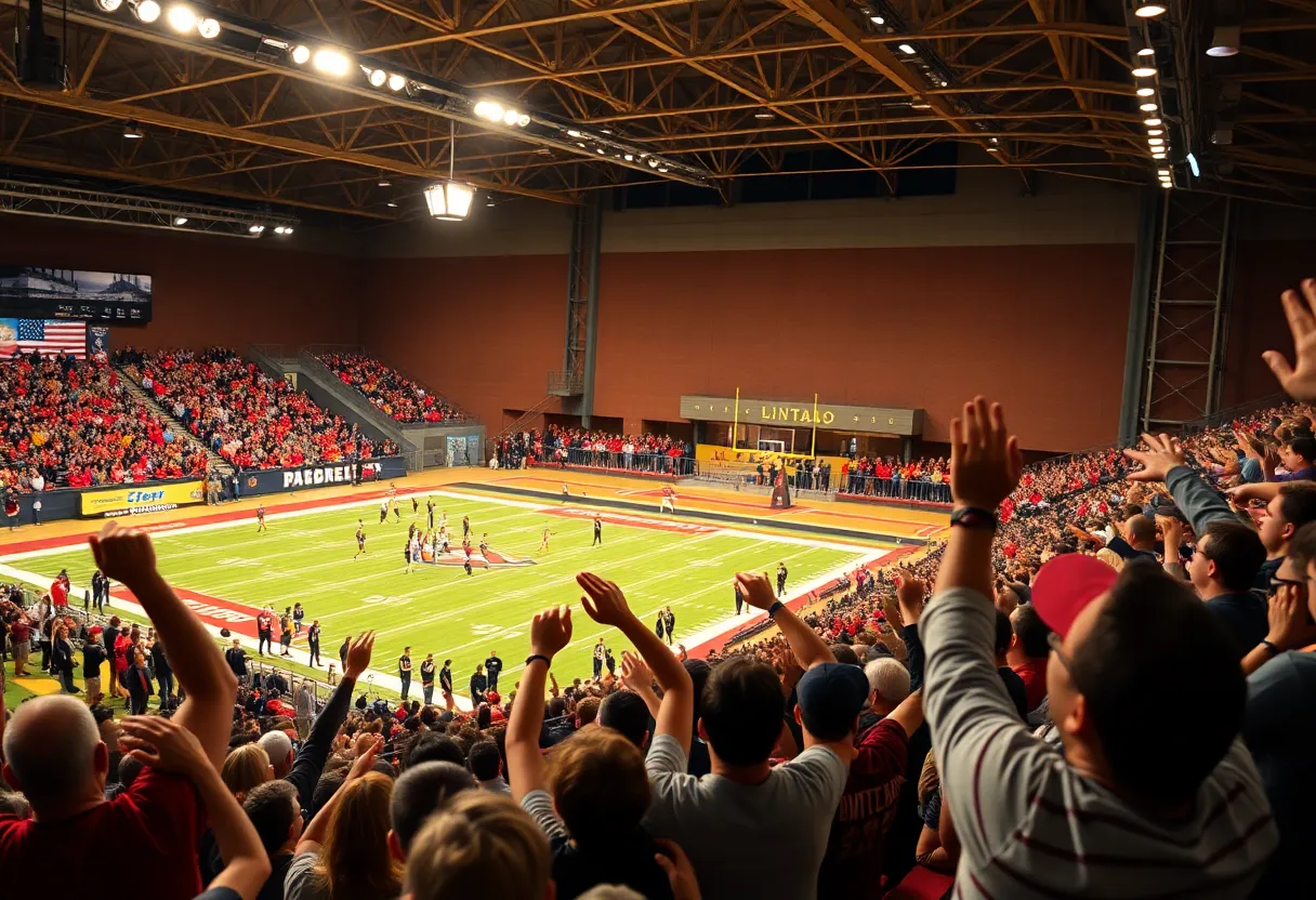 Energetic university athletic event with fans cheering