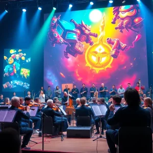 An orchestra performing video game music at a concert.