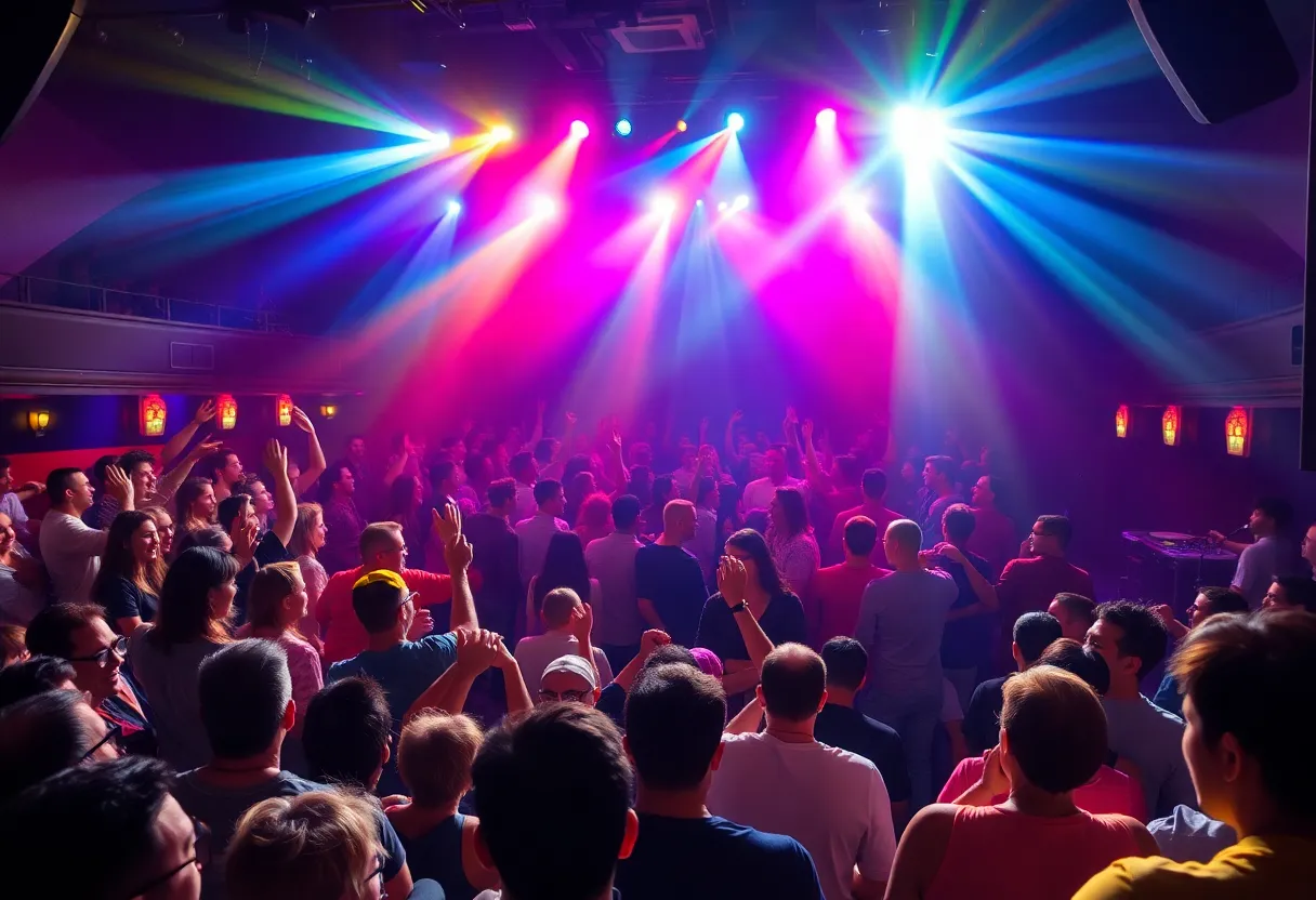 Concert scene featuring a lively audience and vibrant stage lights