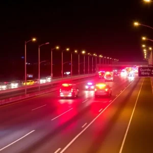 Emergency vehicles at a wrong-way crash site on I-15 at night