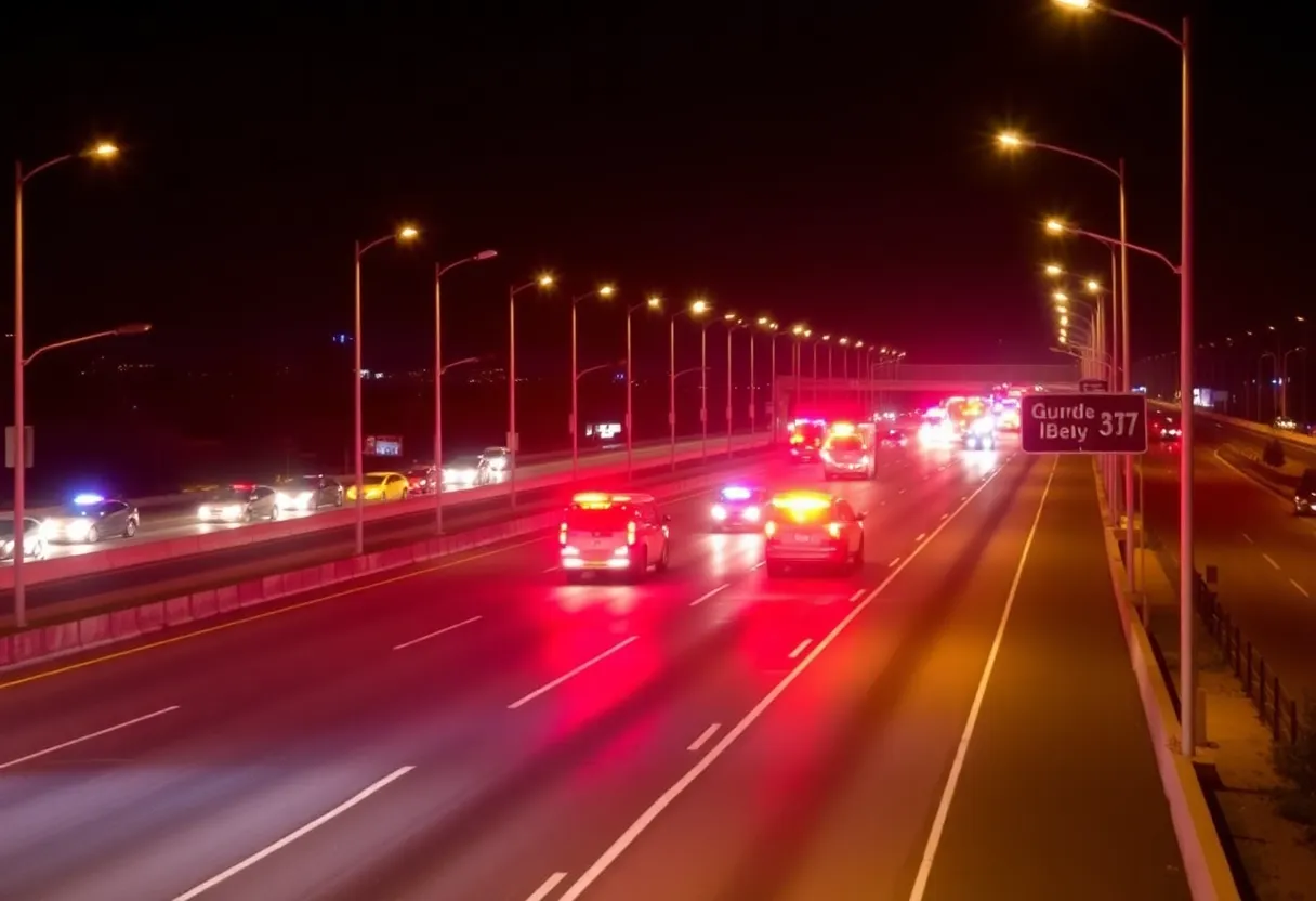 Emergency vehicles at a wrong-way crash site on I-15 at night