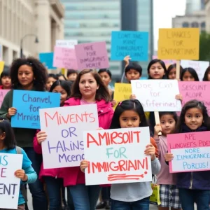 Children and parents protesting against ICE raids in Las Vegas.