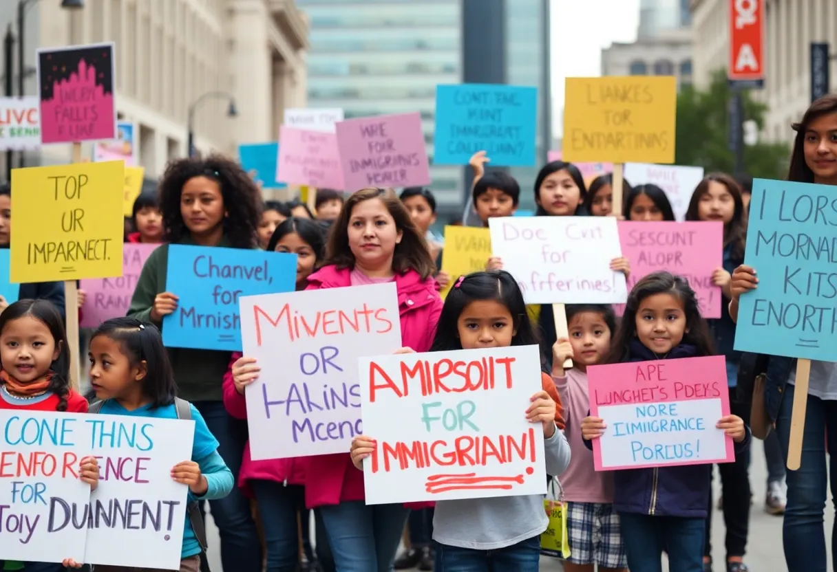 Children and parents protesting against ICE raids in Las Vegas.