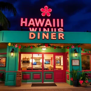 Exterior view of Zippy's Hawaiian diner with tropical decorations
