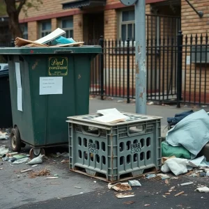 An abandoned crate next to a dumpster in a littered neighborhood