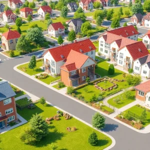 Illustration of a modern affordable housing complex with homes and greenery