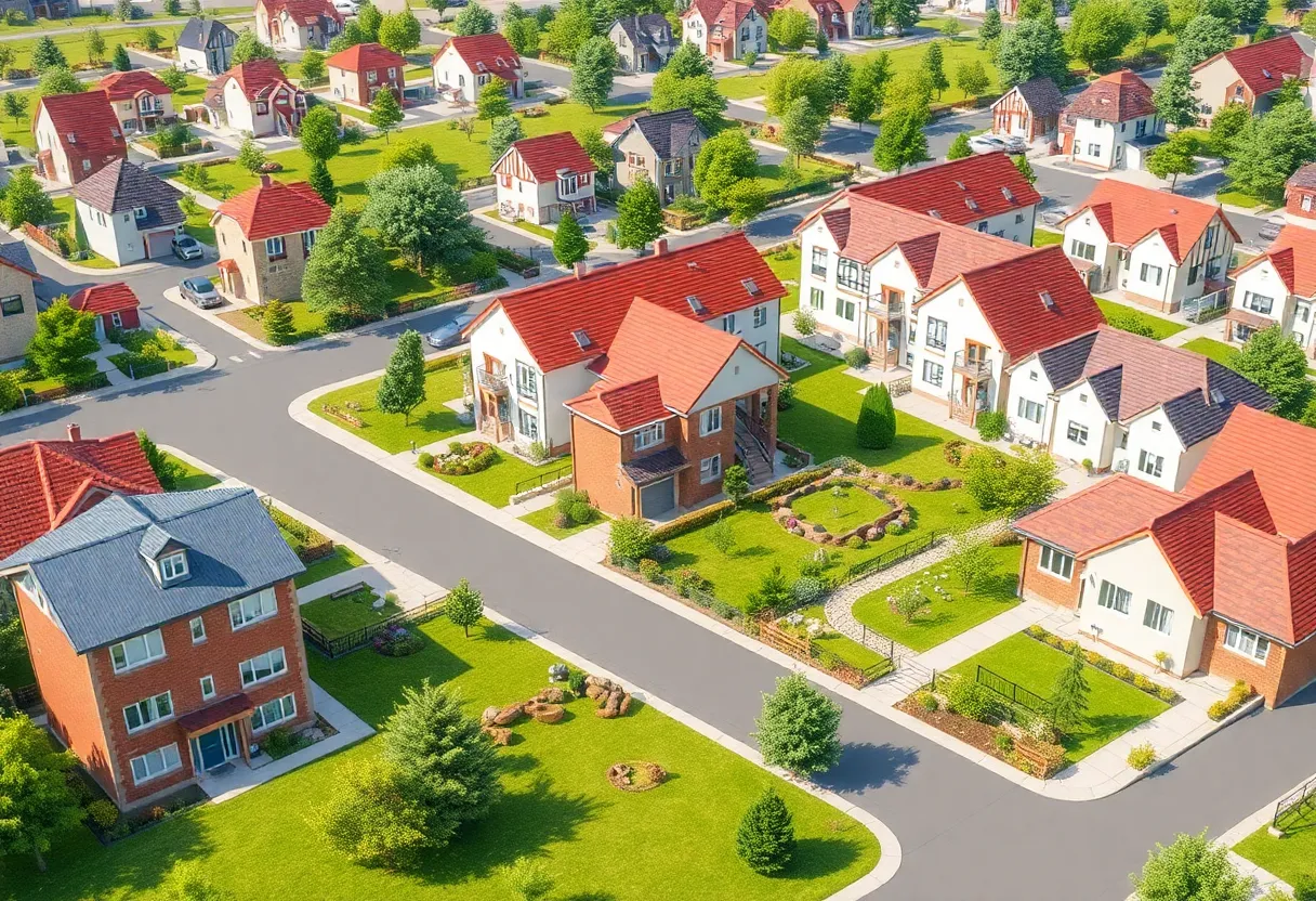 Illustration of a modern affordable housing complex with homes and greenery