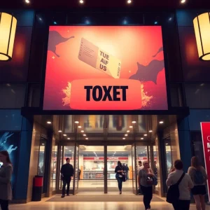 A vibrant entrance of AMC Theatres with a promotional banner for evening ticket discounts.