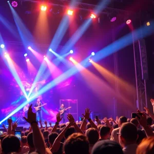 Audience enjoying a concert with colorful stage lights