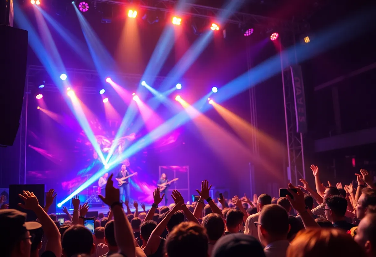 Audience enjoying a concert with colorful stage lights