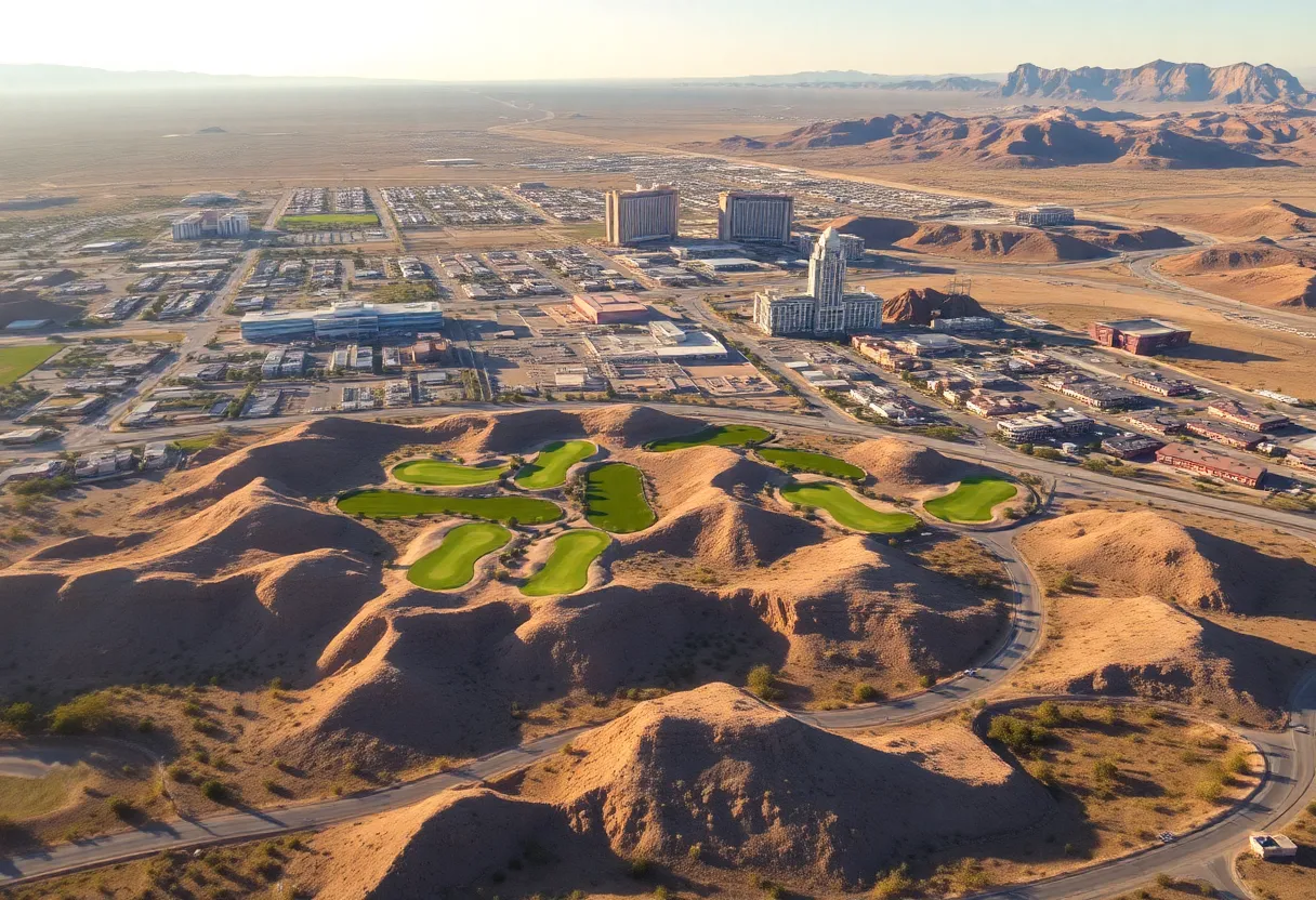 Aerial view of the Badlands golf course in Las Vegas showing urban landscape.