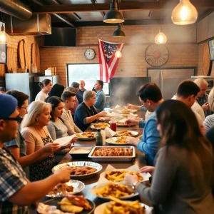 Community gathering at a BBQ restaurant raising funds for Texas flood victims