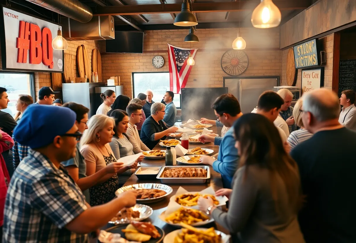 Community gathering at a BBQ restaurant raising funds for Texas flood victims