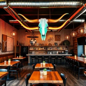 The interior of Big B's Texas BBQ showcasing neo-rustic design with a bar.