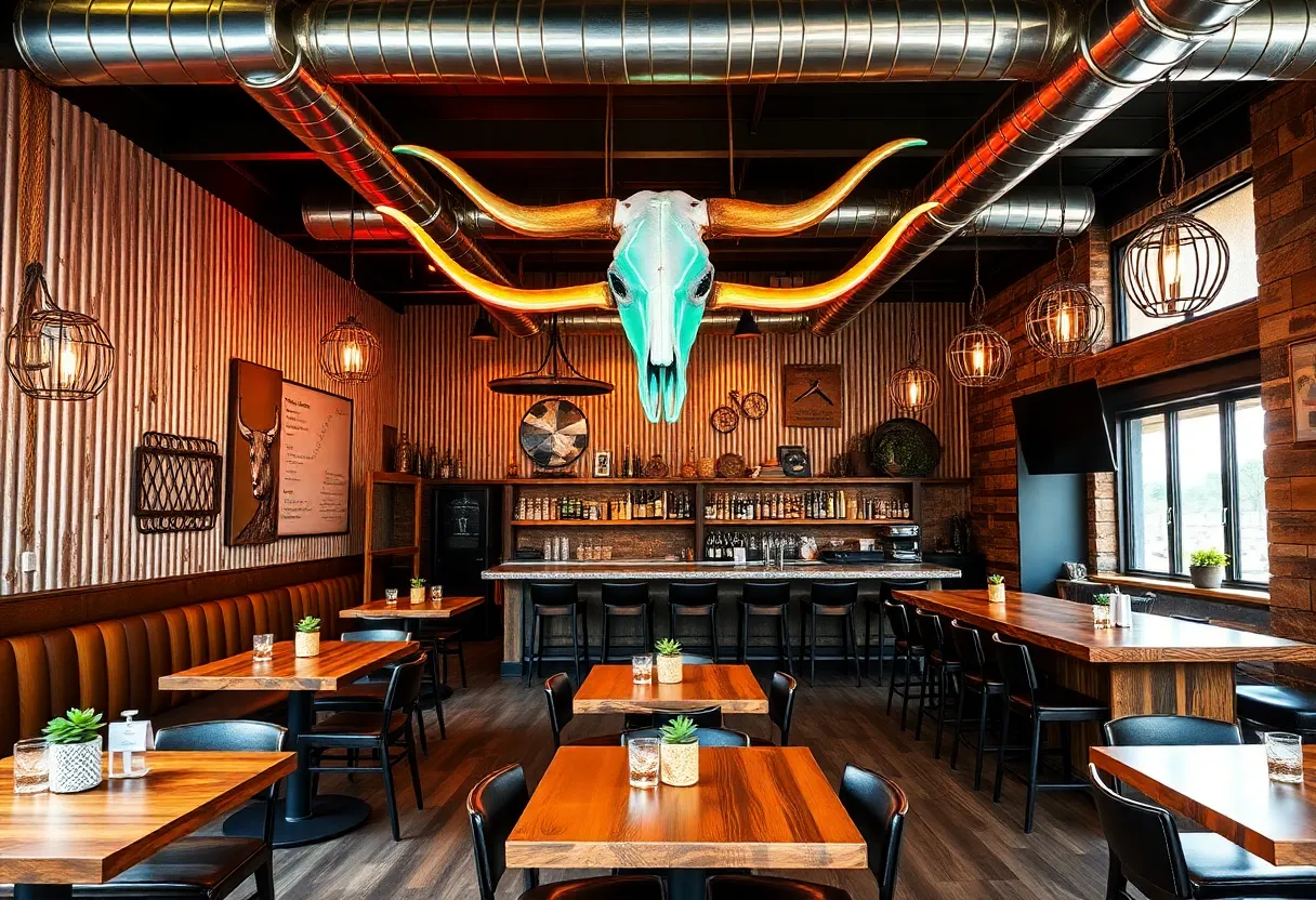The interior of Big B's Texas BBQ showcasing neo-rustic design with a bar.
