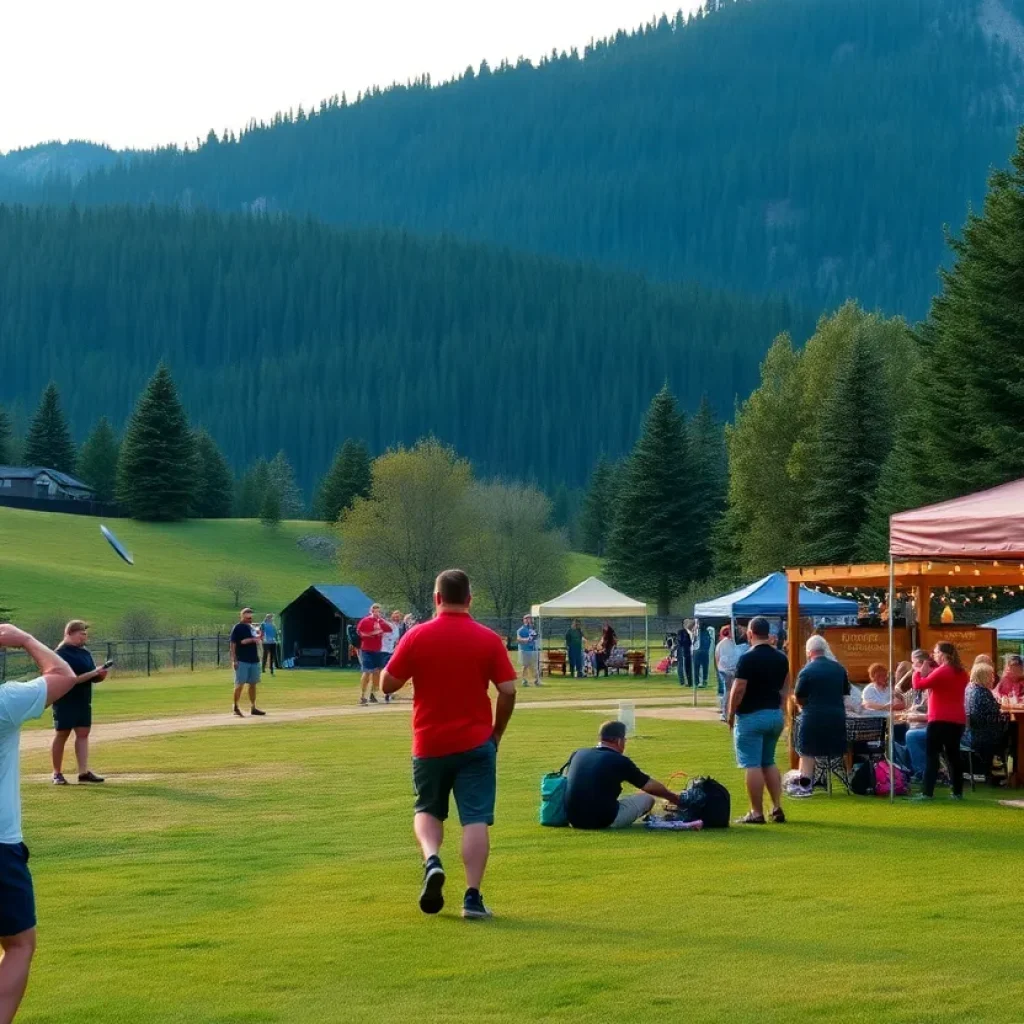 Disc golfers playing on a sunny day at Lee Canyon, with a craft beer garden and a concert area in the background.