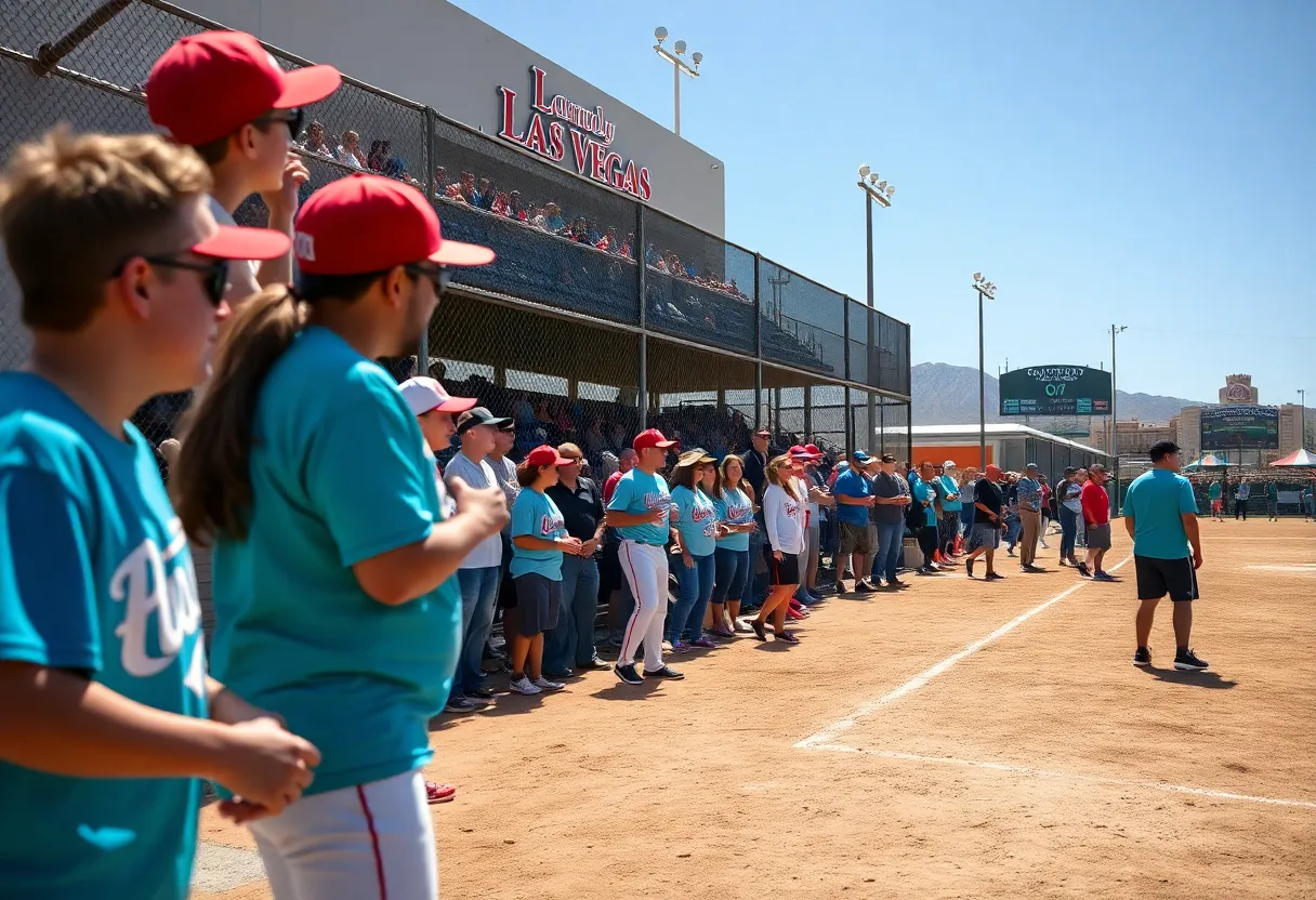 Charity softball game featuring players and fans in Las Vegas