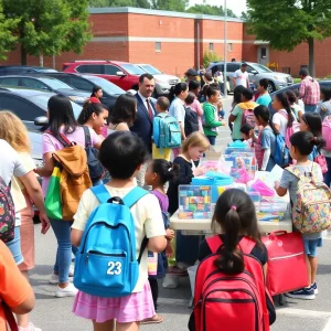 Families at a back to school fair in Clark County, receiving supplies and backpacks