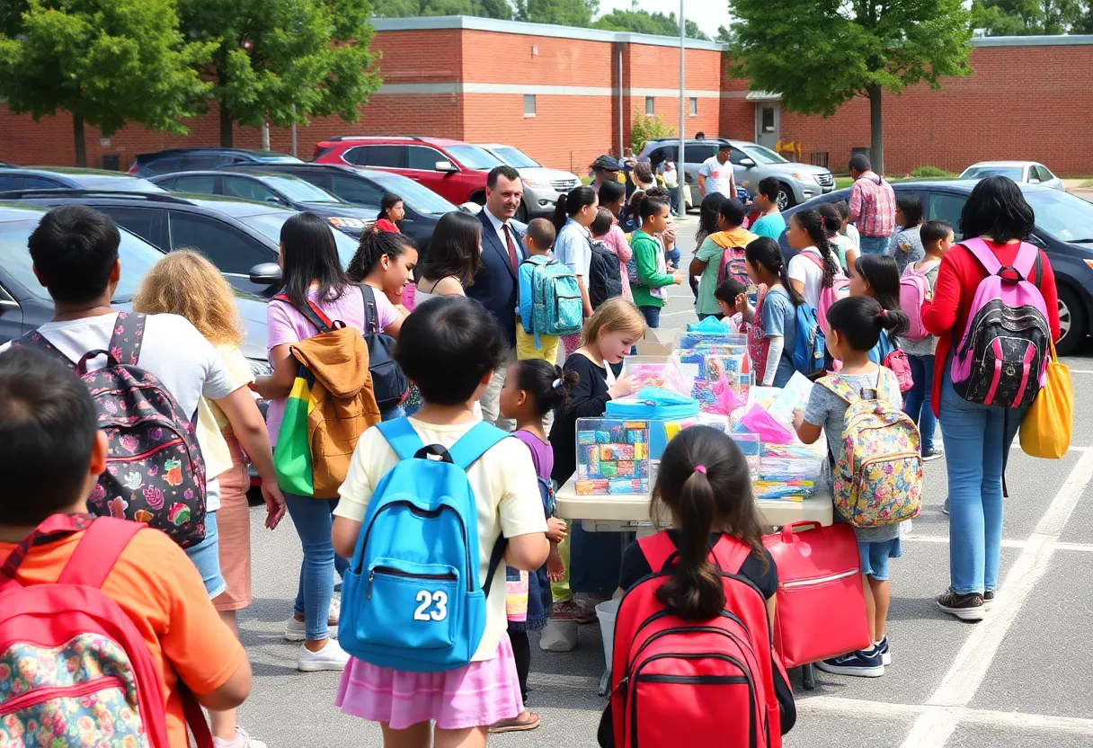 Families at a back to school fair in Clark County, receiving supplies and backpacks