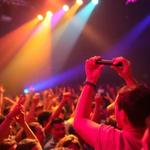 Crowd at a concert engaging with a performer on stage.