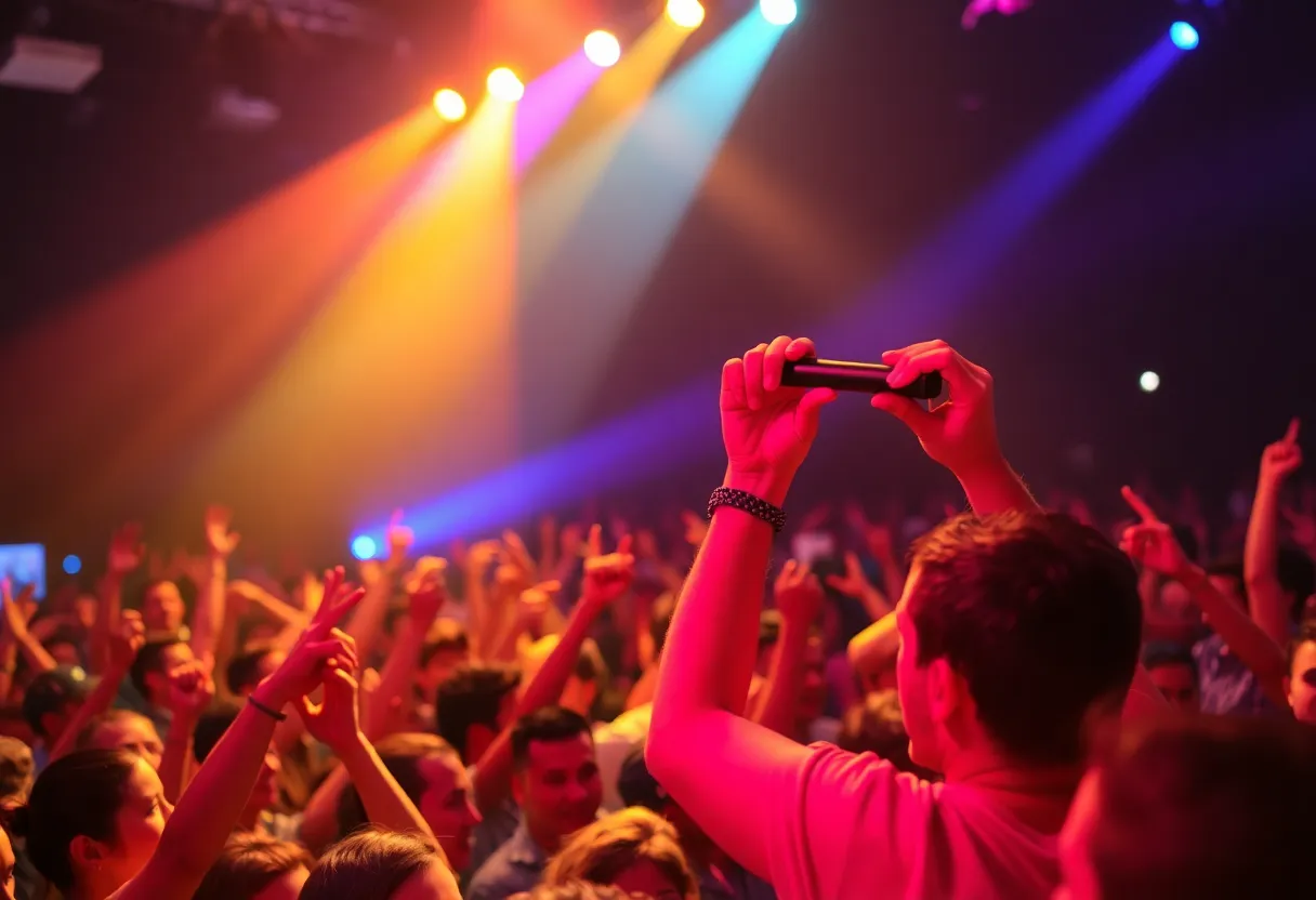 Crowd at a concert engaging with a performer on stage.