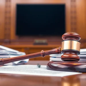 Courtroom with gavel and legal documents