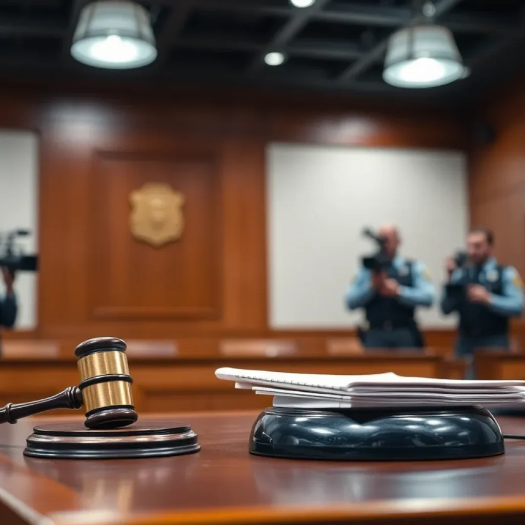 Courtroom scene depicting media and legal representatives