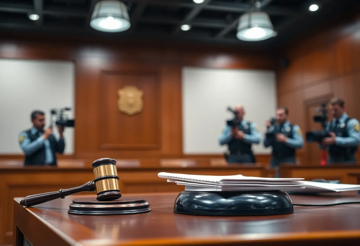 Courtroom scene depicting media and legal representatives