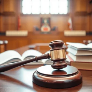 A courtroom with a gavel and legal books.