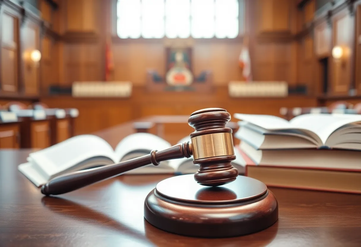 A courtroom with a gavel and legal books.