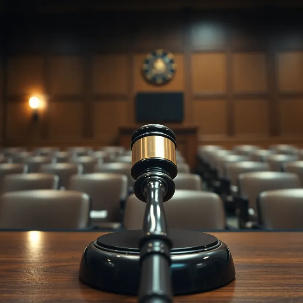 A gavel in an empty courtroom reflecting the seriousness of a trial.