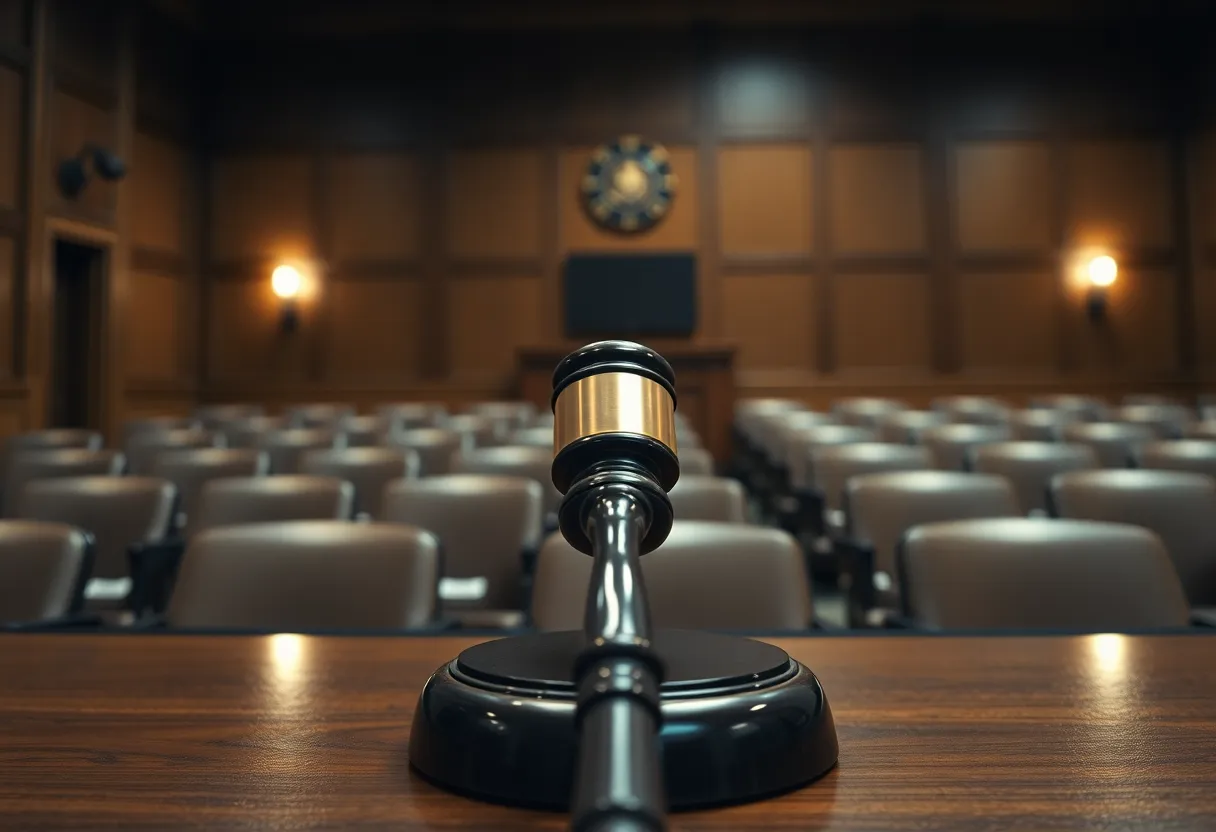 A gavel in an empty courtroom reflecting the seriousness of a trial.