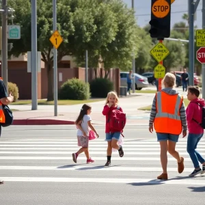 Crossing guards assisting children in Las Vegas school zone