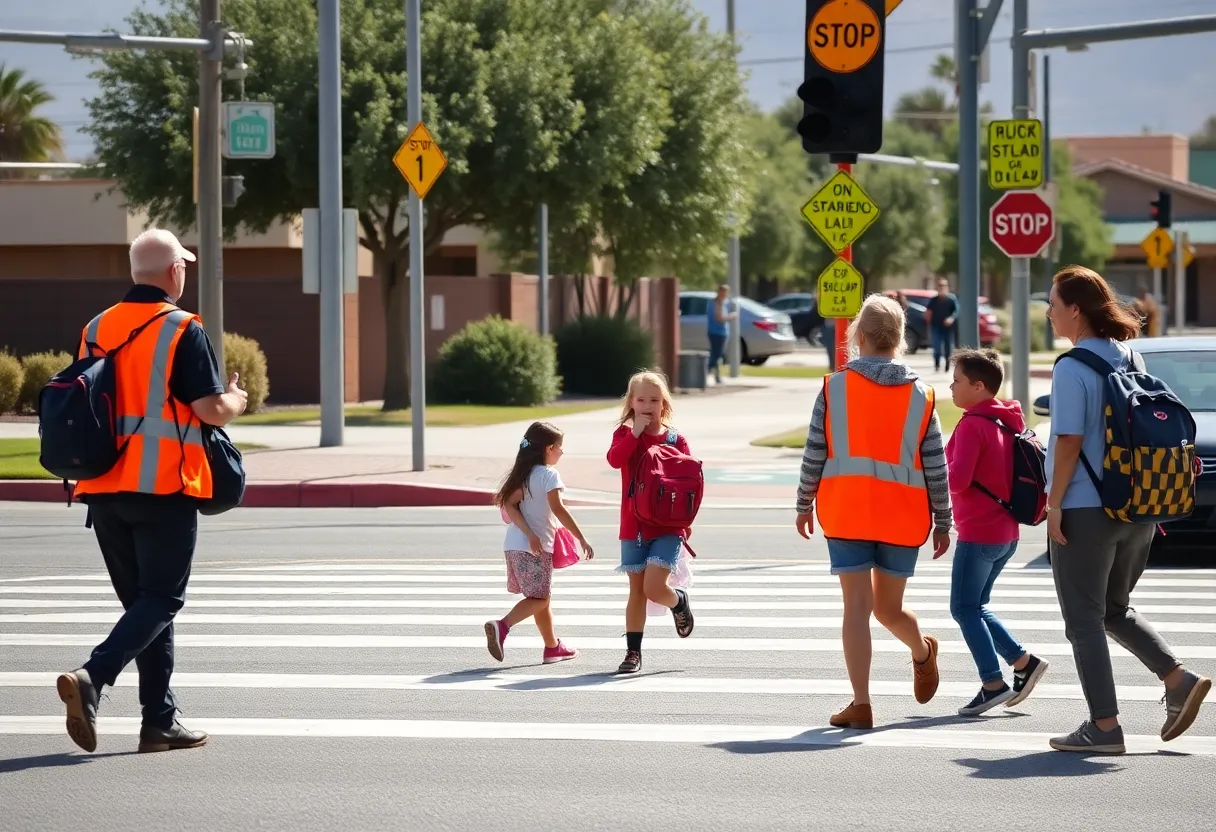 Crossing guards assisting children in Las Vegas school zone