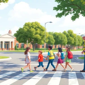 Crossing guards assisting children in a school zone