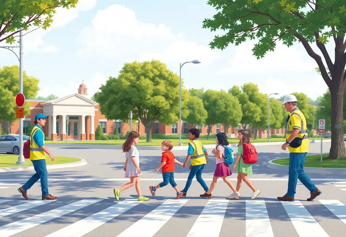Crossing guards assisting children in a school zone