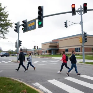 Students crossing a safe pedestrian crosswalk near Arbor View High School