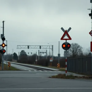 Empty rail crossing with warning signs