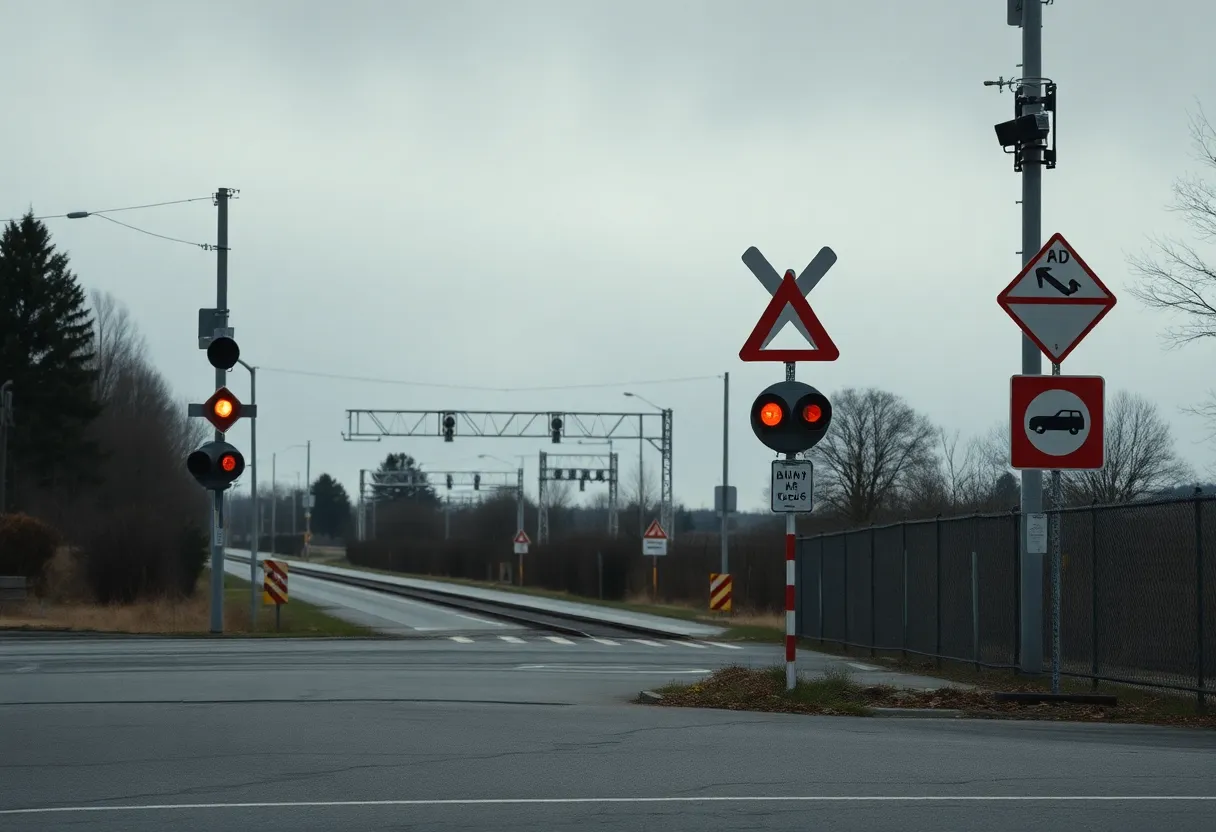 Empty rail crossing with warning signs