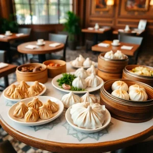 A selection of dim sum dishes including pork dumplings and shumai