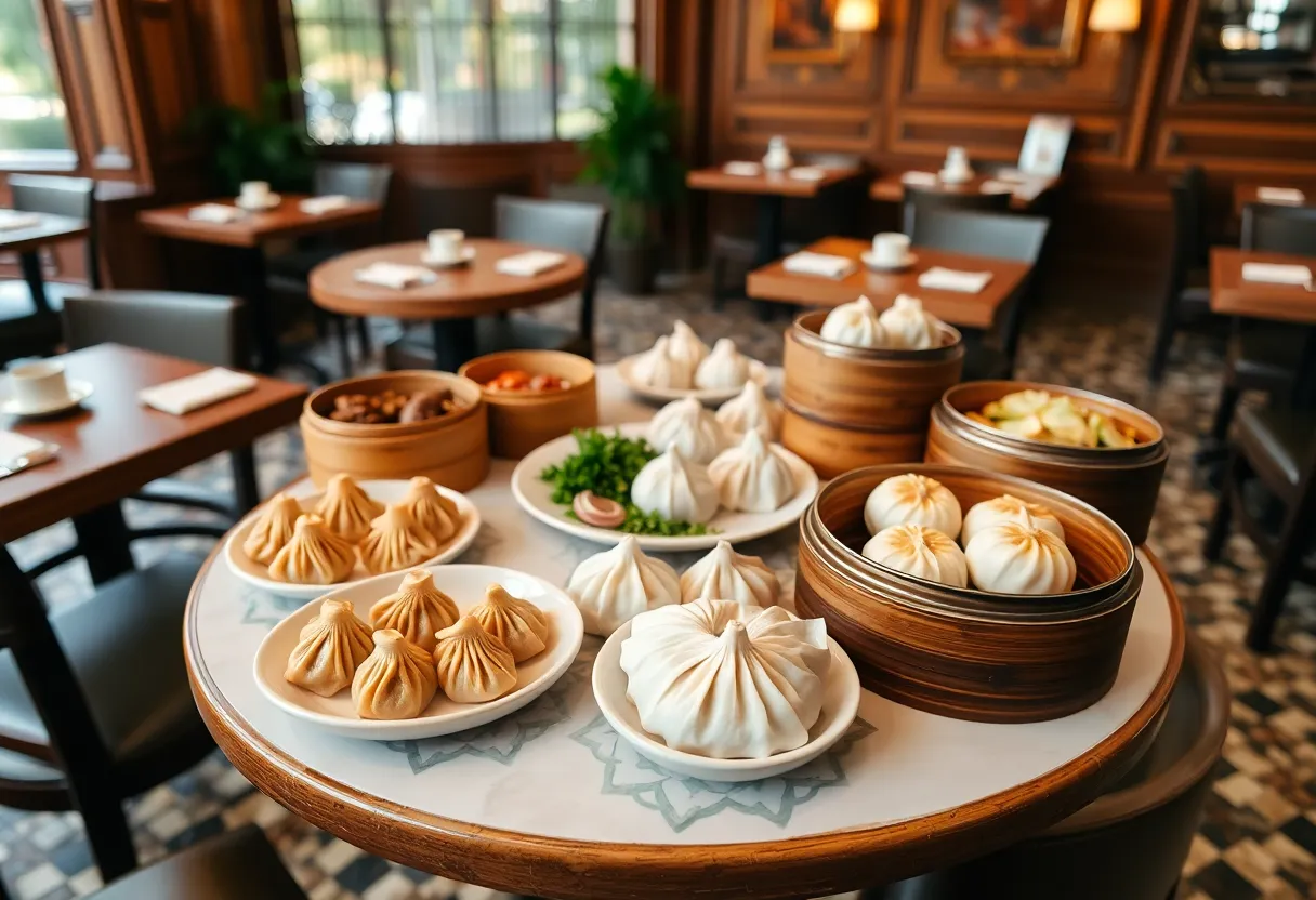 A selection of dim sum dishes including pork dumplings and shumai