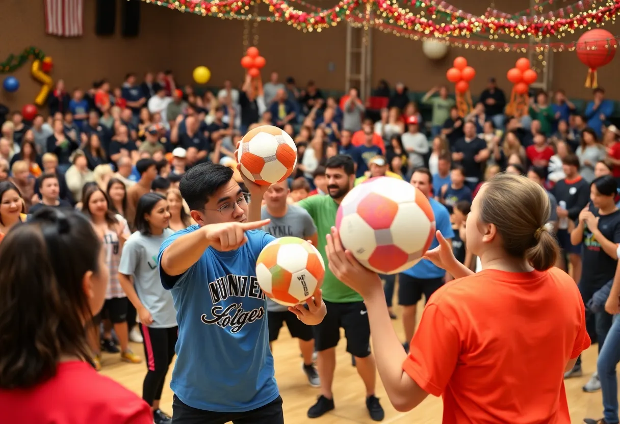 Teams participating in a dodgeball competition fundraiser
