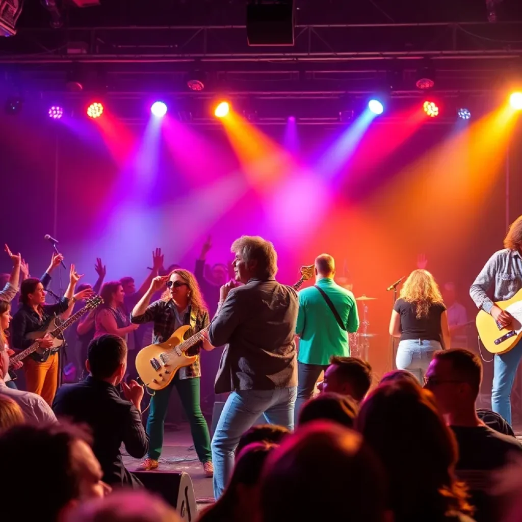 A lively tribute show performance with vibrant stage lights and an excited audience.