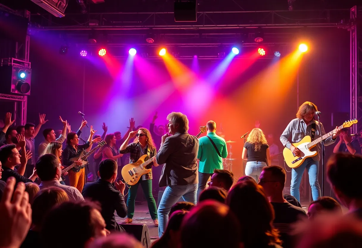 A lively tribute show performance with vibrant stage lights and an excited audience.