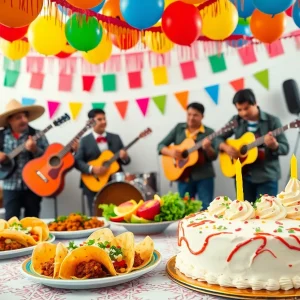 Colorful birthday celebration setup with traditional Mexican food and decorations.